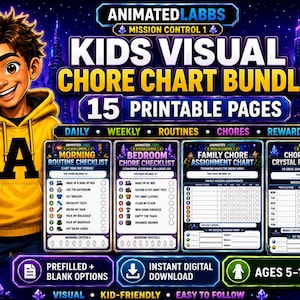 May include: A digital bundle of 15 printable chore charts featuring a cartoon character in a yellow hoodie. The charts include morning routines, bedroom checklists, family assignments, and crystal rewards trackers with text labels for ages 5-12.