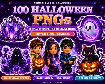 100 Halloween-PNG-Dateien im Paket, digitale Sticker, druckbare Stickerbögen, gruselige Cliparts, Cricut-PNG, Sofort-Download