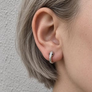 Pode incluir: Um brinco de argola prateado em forma de serpente enrolada com escamas texturizadas e duas pequenas pedras pretas como olhos. O brinco é usado no lóbulo da orelha, apresentando um acabamento metálico e um design curvo que imita uma serpente.