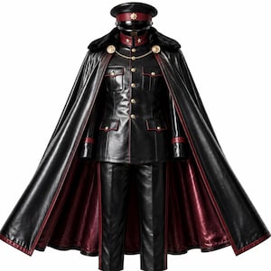 May include: A black leather military-style uniform set featuring a jacket with gold buttons, matching trousers, a long cape with a deep red lining, and a peaked cap. The jacket includes gold star collar pins and a gold chain closure at the neck.