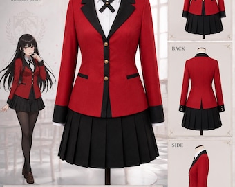 Costume cosplay da donna ispirato all'Accademia Rossa, uniforme scolastica in stile anime, completo con blazer militare e gonna nera a pieghe, ideale per convention.