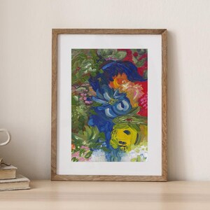May include: A framed abstract painting featuring vibrant brushstrokes of deep blue, bright yellow, and rich red, set within a simple wooden frame. The artwork displays a dense, layered composition of colours and textures, presented in a vertical orientation.