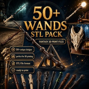 Puede incluir: Una colección digital de archivos de impresión 3D 50+ Wands STL Pack que incluye varios diseños de varitas, un bastón con temática de dragón y una máscara de calavera. La imagen incluye etiquetas de texto para 50+ diseños, impresión 3D y formato STL.