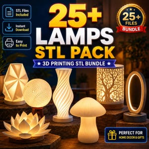 Op de afbeelding: Een digitale collectie van 25+ STL-bestanden voor lampen voor 3D-printen. De afbeelding toont diverse verlichte lampontwerpen, waaronder een geometrische vorm, een bol, een gedraaide vaas, een boompatroon, een lotusbloem, een paddenstoel en een ovale ring.