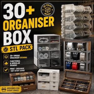 Könnte beinhalten: Eine Sammlung von 3D-druckbaren Organizer-Boxen und Aufbewahrungseinheiten mit modularen weißen Kunststoffschubladen, durchsichtigen Behältern mit Kleinteilen und Holzvitrinen, mit dem Text 30+ ORGANISER BOX STL PACK.