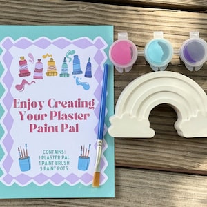 May include: A craft kit featuring a white plaster rainbow figure, a blue-handled paintbrush, and three small paint pots containing pink, light blue, and purple paint. Includes an instruction card with the text Enjoy Creating Your Plaster Paint Pal.