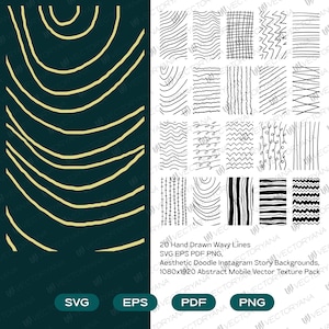 Könnte beinhalten: Eine digitale Sammlung von 20 handgezeichneten wellenförmigen Linienmustern in Schwarz-Weiß mit verschiedenen Texturen wie Gittern, Zickzacklinien und Schnörkeln. Enthält SVG-, EPS-, PDF- und PNG-Dateiformate für mobile Hintergründe und Vektorgrafiken.