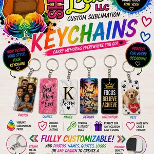 Könnte beinhalten: Eine Werbetafel für personalisierte Sublimations-Schlüsselanhänger mit sechs rechteckigen Beispielen, die verschiedene Designs wie ein Familienfoto, Text, einen Namen, einen Sonnenuntergang, Zitate und einen Welpen zeigen.