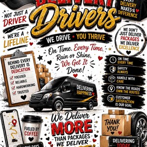 Può includere: Un poster grafico con un furgone per le consegne nero, scatole di cartone, un berretto e un bicchiere di caffè. Il testo include "DELIVERY DRIVERS", "WE DRIVE YOU THRIVE", "DELIVERING HAPPINESS", "WE DELIVER MORE THAN PACKAGES" e "WE DELIVER TRUST".