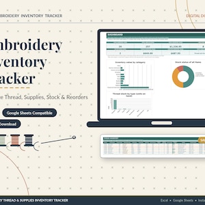 May include: An embroidery inventory tracker digital spreadsheet template displayed on a laptop screen. The interface features a dashboard with data tables, a bar chart, and a pie chart, alongside a sample data table for organizing thread and supplies.