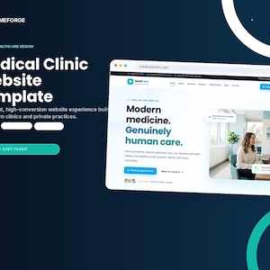 Könnte beinhalten: Eine digitale Website-Vorlage für eine medizinische Klinik auf einem Bildschirm. Das Layout enthält den Text Medical Clinic Website Template, Modern medicine. Genuinely human care und zeigt eine Vorschau einer Webseite mit Navigationsleiste und Bildern.