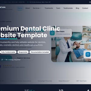Könnte beinhalten: Eine Website-Vorlage für eine Zahnklinik namens DentaCare mit einer Navigationsleiste, einem Hauptbereich mit dem Text Premium Dental Clinic Website Template und einem Bild eines Zahnarztes bei der Untersuchung eines Patienten.