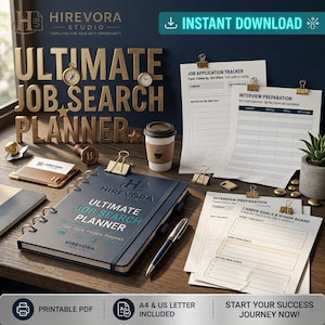 May include: A navy blue ring-bound planner titled Ultimate Job Search Planner with a matching pen, a brown card holder, and several printed sheets including a Job Application Tracker and Interview Preparation forms, all featuring the Hirevora Studio logo.