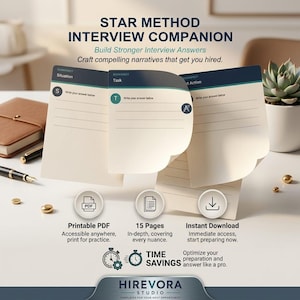 May include: STAR METHOD INTERVIEW COMPANION worksheets with sections for Situation, Task, and Action. The cream-colored pages feature dark blue headers, lines for writing, and circular icons. Includes text: Printable PDF, 15 Pages, Instant Download.