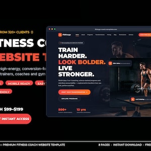 Puede incluir: Una plantilla de sitio web digital para entrenadores físicos llamada FitForge, con una interfaz oscura y detalles en naranja. El diseño muestra el texto TRAIN HARDER. LOOK BOLDER. LIVE STRONGER. junto a una foto de una persona levantando pesas.