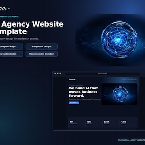 Può includere: Un modello di sito web per un'agenzia di IA con uno schema di colori blu scuro, una grafica a sfera astratta luminosa e testo che include "AI Agency Website Template", "7 Complete Pages" e "We build AI that moves business forward."