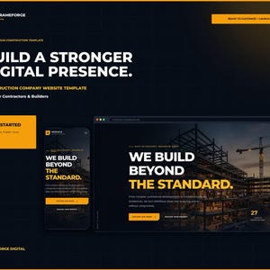 Op de afbeelding: Een digitale website-template voor bouwbedrijven genaamd Frameforge, met een donker thema en gele accenten. De lay-out toont de tekst BUILD A STRONGER DIGITAL PRESENCE en WE BUILD BEYOND THE STANDARD op desktop- en mobiele schermen.