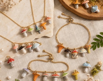 Build Your Own Mushroom Charm Necklace or Bracelet, Handmade Fall Forest Jewelry, Cottagecore Gift, Custom Gold Charm Collection Set