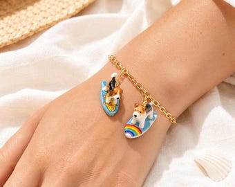 Surf Dog Charm Necklace, Glossy Resin Dog Pendant, Enamel-Style Beach Jewelry, Dog Lover Bracelet or Bag Charm