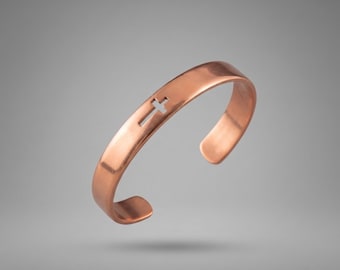 Solid Copper Cross Cuff Bracelet, Minimalist Christian Bangle, Unisex Faith Jewelry