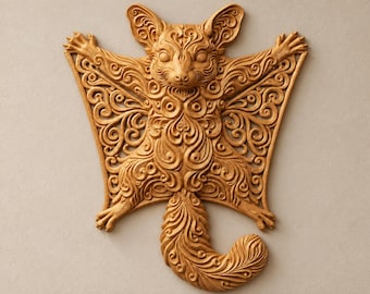 Può includere: Una scultura da parete color marrone chiaro raffigurante uno scoiattolo volante. L'oggetto presenta intricati motivi intagliati a vortice che coprono l'intero corpo, le ali e la coda, con un design simmetrico e una finitura opaca e liscia.