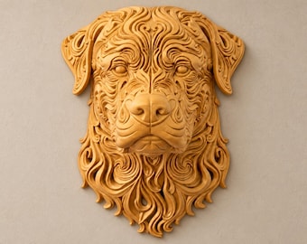 Può includere: Una scultura da parete color marrone chiaro a forma di testa di cane, caratterizzata da intricati motivi vorticosi e fluidi incisi sulla superficie. Il design mette in risalto i tratti del muso del cane con texture dettagliate su orecchie e collo.