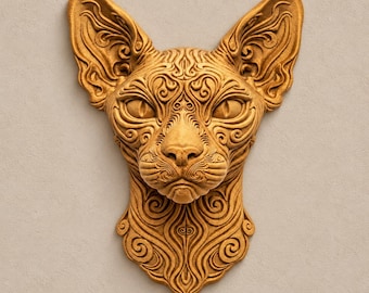 Può includere: Una scultura da parete color marrone dorato raffigurante una testa di gatto Sphynx, caratterizzata da intricati motivi a vortice in rilievo su orecchie, fronte e collo. Il gatto presenta grandi occhi a mandorla e un muso dettagliato e simmetrico.