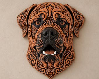 Può includere: Una scultura da parete raffigurante una testa di cane con intricati motivi a rilievo vorticosi in arancione terracotta e nero profondo. Il cane presenta un muso nero, occhi scuri e denti bianchi visibili in una bocca aperta.