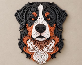 Può includere: Un'opera d'arte da parete a strati che raffigura la testa di un bovaro del bernese. Il design presenta intricati ritagli vorticosi nei colori nero, bianco e arancione ruggine, creando un effetto tridimensionale con un naso nero e occhi color ambra.