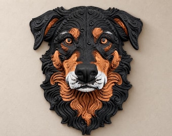 Può includere: Una scultura da parete raffigurante una testa di cane nei colori nero, rame e bianco. L'oggetto presenta complesse texture del pelo a vortice, occhi color ambra e un naso nero prominente, realizzato con un design in rilievo.