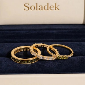 Peridot ring Multilayer Women's Rings - Set of 3: Vintage Zircon & Diamond Stacking Rings in Gold • Dainty Jewelry Rings Gift for Wife