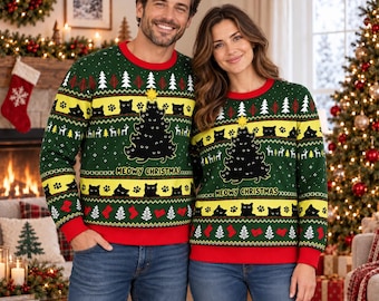 Meowy Christmas Cat Ugly Christmas Sweater, Black Cat Christmas Tree, Funny Cat Lover Holiday Pullover, Cat Christmas Tree Sweater