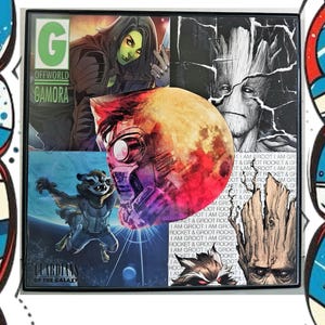May include: A square wall art piece featuring a collage of Guardians of the Galaxy characters including Gamora, Groot, and Rocket Raccoon. A circular overlay shows Star-Lord's helmet against a red moon. Text includes G, OFFWORLD GAMORA, and I AM GROOT.