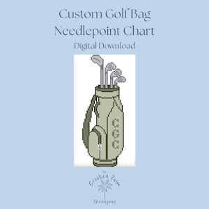 May include: A pixel art needlepoint chart featuring a golf bag with clubs and the letters CGC on the side. The text reads Custom Golf Bag Needlepoint Chart Digital Download and The Crooked Palm Needlepoint. The design uses shades of green and gray.