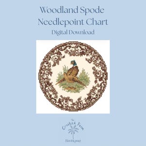 May include: A digital needlepoint chart titled Woodland Spode Needlepoint Chart Digital Download. The image features a circular pixelated design of a pheasant in a field, surrounded by a brown floral border on a light blue background.