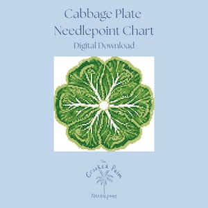 May include: A digital needlepoint chart titled Cabbage Plate Needlepoint Chart Digital Download. The graphic features a pixelated, circular cabbage leaf design in shades of green with white veins, centered above the text The Crooked Palm Needlepoint.