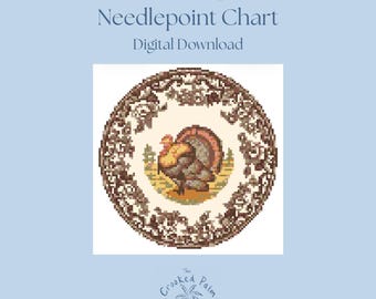 May include: A digital needlepoint chart titled Woodland Spode Needlepoint Chart Digital Download. The design features a circular brown and white floral border surrounding a central pixelated image of a turkey in a field. The logo The Crooked Palm Needlepoint is at the bottom.