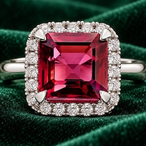 May include: A silver-toned ring featuring a large, square-cut, deep red gemstone at its centre. The central stone is surrounded by a halo of small, round, clear white stones set in a square frame with four prominent prongs at the corners.