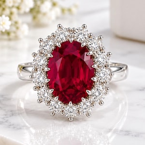 Puede incluir: Un anillo de tono plateado con una gran piedra preciosa de color rojo intenso y corte ovalado en el centro, rodeada por un halo de doce piedras pequeñas, redondas y blancas transparentes en un engaste festoneado con una banda lisa.
