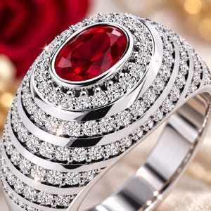 Herrring i 14 karat vitt guld | Oval rubin och diamant (3,00 ct) IGL-certifierad