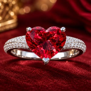 May include: A silver-toned ring featuring a large, faceted heart-shaped red gemstone as the centrepiece. The band is split into two rows and is encrusted with numerous small, clear, round-cut stones that extend along the sides of the ring.