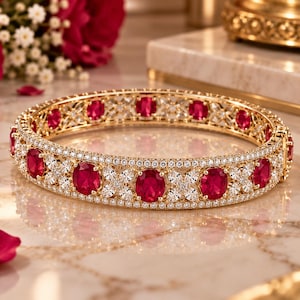 May include: A gold bangle bracelet featuring a repeating pattern of oval-cut red rubies and small clear white diamonds. The metal band is crafted with intricate filigree detailing and a secure hinged clasp mechanism on the side.