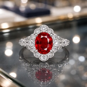 Op de afbeelding: Een zilverkleurige ring met een grote, ovaal geslepen, felrode edelsteen in het midden. De steen is omringd door een geschulpte halo van kleine, ronde, helderwitte steentjes die zich langs de ringband uitstrekken in een symmetrisch bloemmotief.