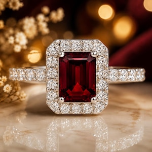 May include: A silver-toned ring featuring a large, rectangular, emerald-cut deep red gemstone at the centre. The stone is surrounded by a halo of small, round, clear white stones, with additional clear stones set along the band of the ring.