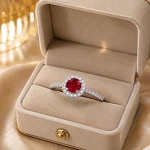 Op de afbeelding: Een zilverkleurige ring met een ronde, felrode centrale steen omringd door een halo van kleine, heldere, fonkelende steentjes. De ringband is aan de zijkanten ook bezet met kleine, heldere steentjes en wordt gepresenteerd in een beige fluwelen doosje.