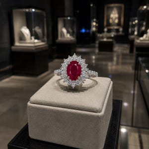 May include: A silver ring featuring a large, oval-cut deep red ruby center stone surrounded by a halo of small, sparkling white diamonds. The band is thin and also set with small white diamonds, creating a bright, reflective appearance.