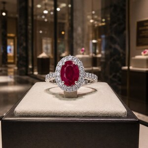May include: A silver ring featuring a large, oval-cut deep red ruby at the centre, surrounded by a halo of small, round, brilliant-cut white diamonds. The band is also set with a row of small white diamonds along the top half of the shank.