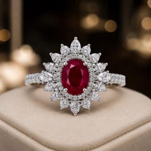 Ovalslipad vigselring med naturlig rubin och diamant i 14 karat vitt guld, 4,80 ct