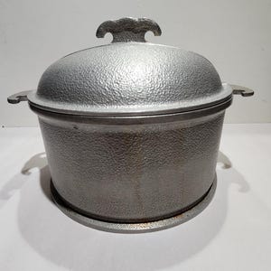 May include: A silver-colored metal pot with a textured, hammered finish. The pot features a matching lid with a decorative, curved handle on top and two small, curved side handles extending from the main body of the cooking vessel.