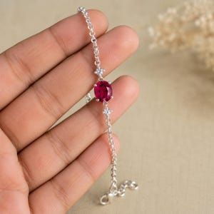 Oval Ruby Bracelet, Dainty Silver Chain, July Birthstone, Anniversary Gift for Her